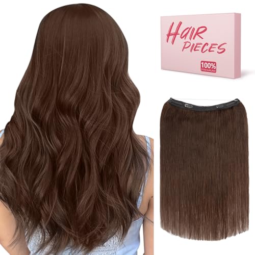 Benehair Brown Halo Hair Extensions Remy Human Hair, 18 Inch Invisible Wire Hair Extensions for Adding Volume Hair Halo Extensions For Women #02 Dark Brown