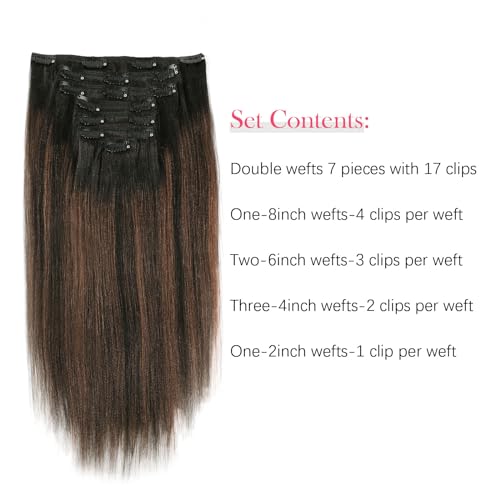 Sassina Yaki Straight Clip in Human Hair Extensions Double Weft Clip on Hair Extensions Natural Black to Chocolate Brown Double Remy Hair Extensions Clip in Human Hair 120 Grams 16 Inch 7 Pcs