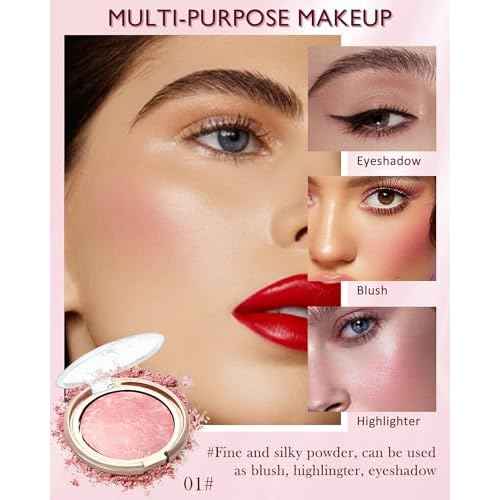 Baked Blush, Lighting Glow Marbleized Blush Powder Palette, Cruelty-Free Powder Blusher, Eyeshadow & Highlight for a Lightweight Shimmery Satin Face Makeup, Gift for Women (0.49Ounce)-01#Peachy