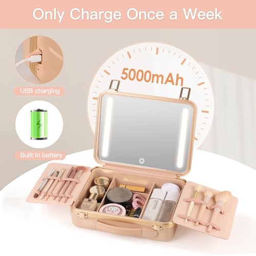 BEAUTY CASE Makeup Case with 4K LED Mirror, 12 Inch Shockproof ABS Hard Shell Cosmetic Organizer Bag, Portable Travel Vanity Box with Aluminum Frame, Snap Buckle, Gift for Women Girls, Pink