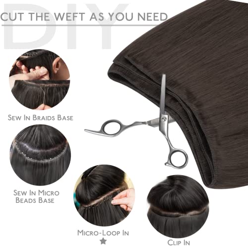 WENNALIFE Sew in Hair Extensions Real Human Hair, 20 Inch 100g Dark Brown Machine Weft Remy Hair Hand Tied Weft Straight Extensiones De Cabello Hmano