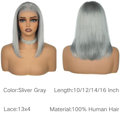 12 Inch Silver Grey Short Straight Bob Wigs Human Hair Short Straight Grey Bob Wig 13x4 HD Lace Front Bob Wigs 180% Density Pre Plucked With Baby Hair for Women