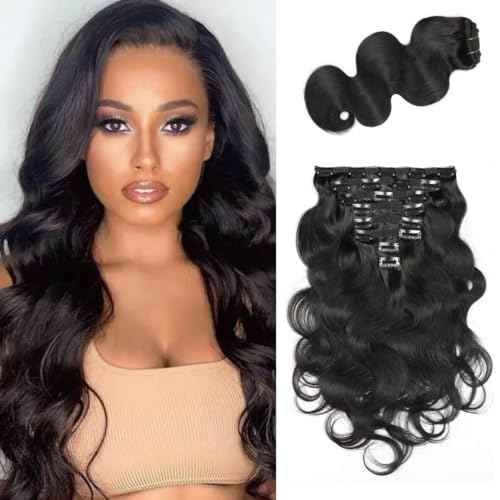 Body Wave Clip Ins Human Hair 8Pcs/Set 120 Gram Body Wave Clip in Hair Extensions 10A Brazilian Virgin Human Hair for Black Women Natural Black Color 24 Inch