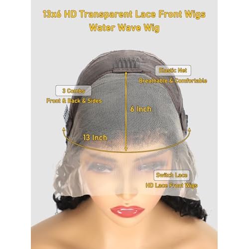 13x6 Water Wave Lace Front Wigs Human Hair 180 Density Pre Plucked with Baby Hair Water Wave Wigs for Women Glueless Natural Color 22 inch