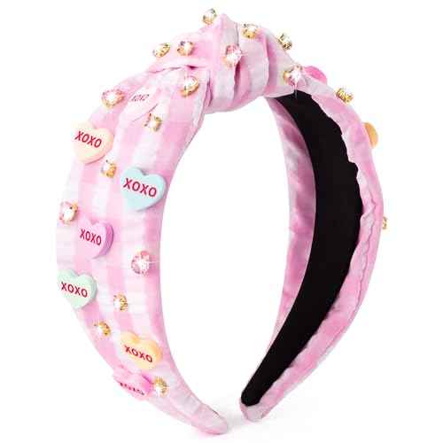 PANTIDE Conversation Heart Jeweled Knotted Headband - XOXO Love Candy Rhinestone Embellished Headband Wide Top Knot Fashion Hair Accessories Mother's Day Birthday Gift for Women Lover (Pink Plaid)