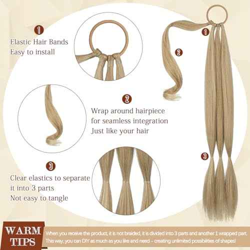 Sofeiyan Long Braid Ponytail Extension with Hair Tie Straight Sleek Wrap Around Hair Extensions Braid Pony Tail Fluffy Natural Soft Synthetic Hairpieces for Women Daily Wear, 26 inch-Ash Blonde