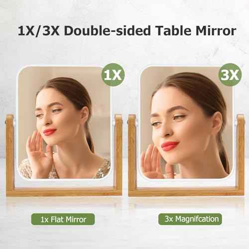 LFOYOU Vanity Makeup Mirror with Natural Bamboo Stand, Double Sided 360 Degree Swivel Magnifying Mirror, Tabletop Magnified Make up Mirror for Bathroom or Bedroom 8 Inch