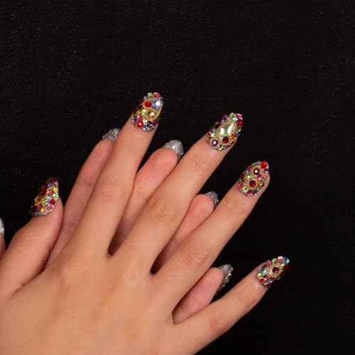 LOVFUL Press on Nails Precious | Handmade with Full Covered Crystals | Reusable Fake Nails | Almond Short 0.8 in | H175-M