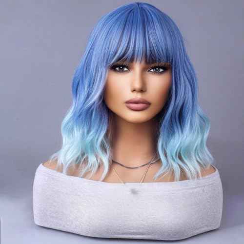Ombre Blue Wigs for Women Short Curly Wavy Blue Wig for Girls Short Bob Wig With Bangs Heat Resistant Synthetic Wigs for Cosplay Costume Party (Blue Ombre Wig)