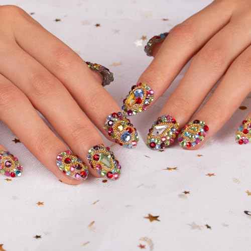 LOVFUL Press on Nails Precious | Handmade with Full Covered Crystals | Reusable Fake Nails | Almond Short 0.8 in | H175-M