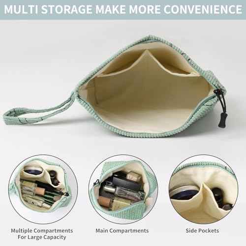 Small Cosmetic Bag set for Women Corduroy Makeup Bag with Interior Pocketes Cute Corduroy Makeup Pouches Women Small Toiletry Bag (Green Smile)