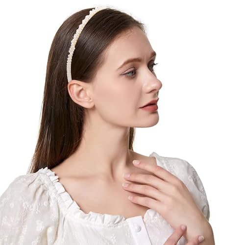 CUBACO 6 PCS Pearl Headband for Women White Headbands for Girl Jeweled Head Bands for Thin Thick Hair Fashion Rhinestone Hairband Bridal Beaded Headpiece Non Slip Hair Accessories for Party Wedding