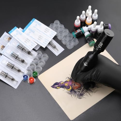 Beginners Tattoo Gun Kit - Wireless Tattoo Machine Kits with 1300mAh Battery, Rotary Tattoo Pen Set with 10pcs Cartridge Needles for Beginners Tattoo Supplies (45Pcs)