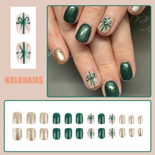 Christmas Press on Nails Short Square Fake Nails with Gold Glitter Design Gift Knot Full Cover Xmas Nails Artificial Green False Nail Glossy Christmas Glue on Nails for Women Girl DIY Acrylic Manicure