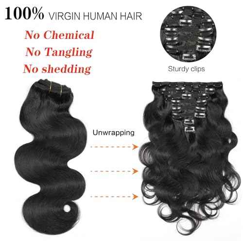 Body Wave Clip Ins Human Hair 8Pcs/Set 120 Gram Body Wave Clip in Hair Extensions 10A Brazilian Virgin Human Hair for Black Women Natural Black Color 24 Inch