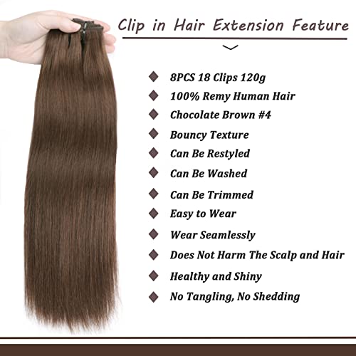 Clip in Real Human Hair Chocolate Brown Extensions 8 Pcs 120g Straight Remy Hair Extensions (4,20inch)