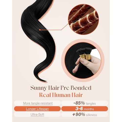 Sunny Hair 22inch I Tip Hair Extensions Human Hair Black Itip Human Hair Extensions Easy to Curl Pre Bonded Extensions for Women 50g