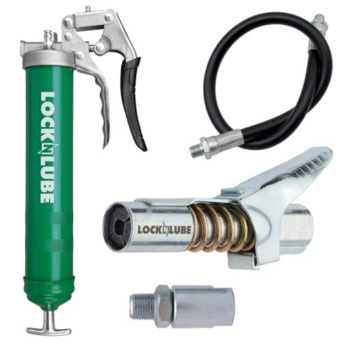 LockNLube Heavy-Duty Pistol Grip Grease Gun. Includes our patented LockNLube¢ç Grease Coupler (Locks On, Stays On, Won't Leak!) plus a high-quality 20" hose and in-line hose swivel