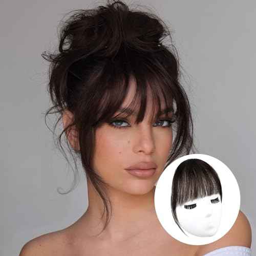 Bangs Hair Clip Dark Brown Clip in Bangs 100% Human Remy Wispy Clip on Hair Extensions Fringe with Temples Hairpieces for Women