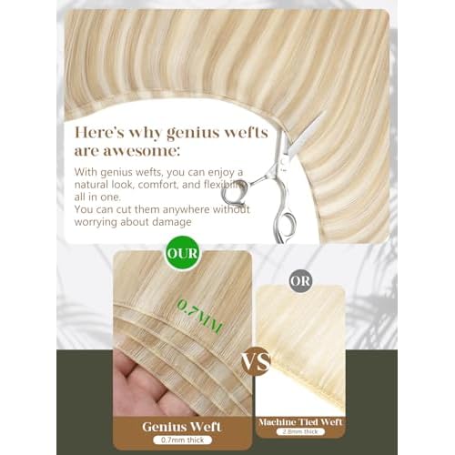 Loxxy Sew in Hair Extension Real Human Hair Ash Blonde Highlight Bleach Blonde Hand Tied Genius Weft Hair Extensions Straight Hair 60g 22 Inch Sew in Human Hair Extensions P#18/613