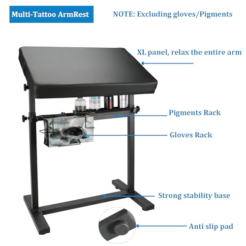 Tattoo Arm Rest XL, Multifunctional Tattoo Arm Rest Stand, Base Structure w/Strong Stability, With Glove Rack, Pigments Rack, Quick installation, Adjustable Height