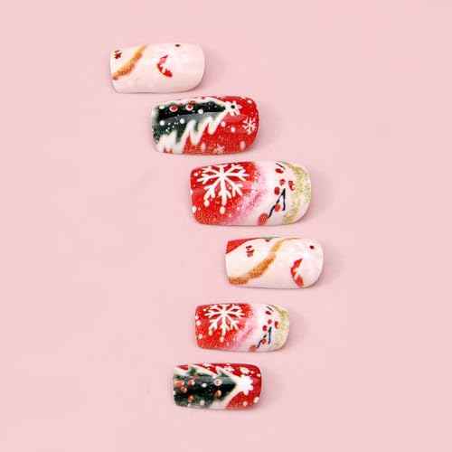 Christmas Press on Nails Medium Square Fake Nails Red Stick on Nail Winter False Nail with Design Xmas Tree Snowflake Gold Striped Nail Tips Pree ons Full Cover Xmas Nails for Women Manicure 24Pcs