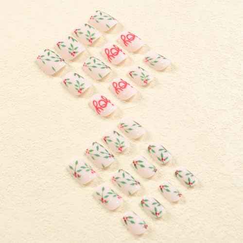 24Pcs Christmas Press on Nails Short Square Fake Nails Red False Nails Press Ons With Christmas Fruit Letter Printing Design Nail Stick on Nails Acrylic Manicure Kit Nail for Women Decor
