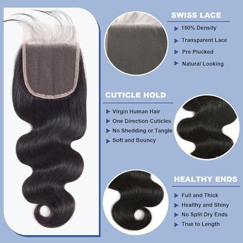 Body Wave Human Hair Bundles with Closure (12 14 16+10) 100% Unprocessed Brazilian Virgin Human Hair Weave Extensions 3 Bundles with 4x4 HD Transparent Lace Clsoure