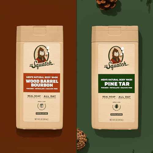 Dr. Squatch NEW Body Wash for Men with Nourishing, Natural Ingredients | No Paraben, Phthalate, Sulfate | All Day Moisture | Long Lasting Scent | Wood Barrel Bourbon & Pine Tar (14 oz, 2-Pack)