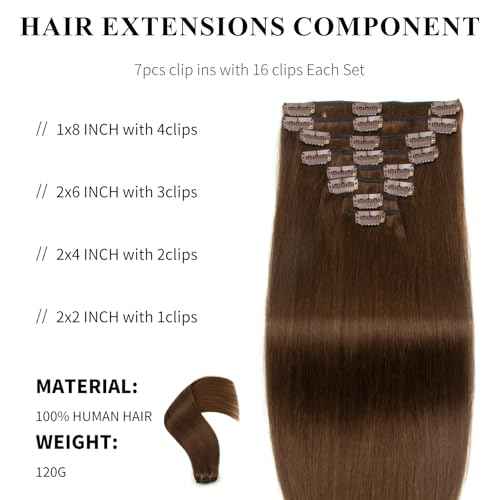 Clip in Hair Extensions Human Hair 100% Brazilian Virgin Human Hair 7pcs Per Set with 16Clips Double Weft (16 Inch, #4 Chotolate Brown)