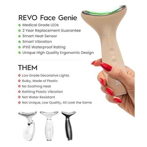 REVO Genie | 3-in-1 Face & Neck Beauty Massager with Heat, 3 Light Therapies, Smart Vibration | Powerful Red Light, Blue Light, and Green Light Therapy for Wrinkles, Hyperpigmentation, Acne & More
