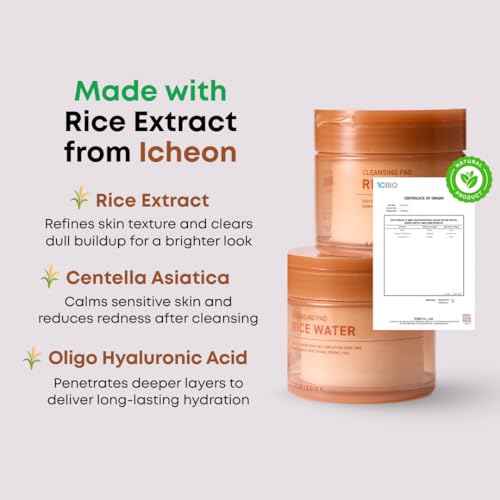 Rice Water Cleansing Pads ? Makeup Remover Wipes & Korean Toner Pads with Centella Asiatica, Exfoliating for Blackhead Removal & Pore Minimizer, 50 Pad