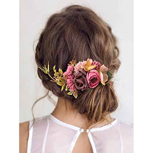 Cinaci 4 Pack Large Artificial Flower Metal Hair Side Combs Floral Slide Hair Clips Wedding Bridal Headpieces Hairpins Barrettes Decorative Hair Comb Bun Accessories for Women Girls Brides Bridesmaids