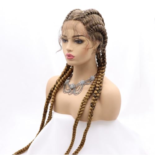 xiweiya 36¡±Long Blonde Brown Braided Wig 100% Hand Braided Brown Twisted Braids 360 Swiss Lace Front Wig Light Brown Double Dutch Braided Wigs with Baby Hairs for Women