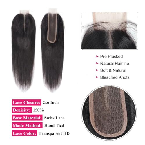 12A Straight Bundles with 2x6 Closure Human Hair 14 16 18 with 12 Inch 100% Unprocessed Brazilian Virgin Human Hair Weave Bundles with 2x6 HD Lace Closure