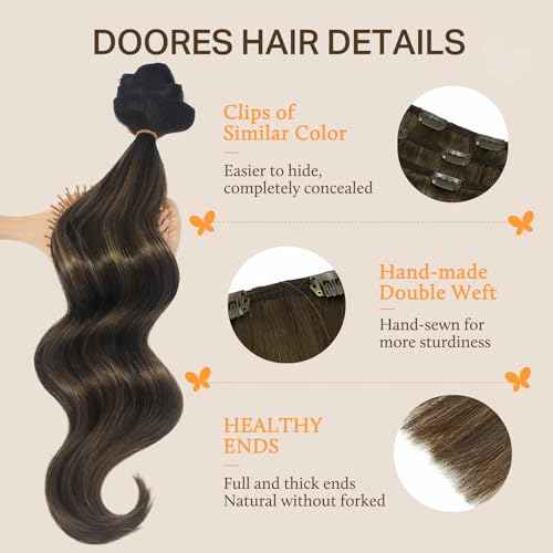 DOORES Clip in Hair Extensions Human Hair Extensions, Balayage Dark Brown to Chestnut Brown 120g 7pcs 18 Inch Real Human Hair Extensions Clip in Straight Remy Silky Weft