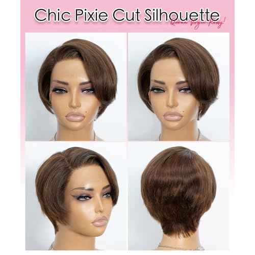 QUEEN VIRGIN REMY QVR Pixie Cut Wig Human Hair Straight Bob 13X4 Lace Front Wigs 6 Inch Side Part Short Pixie Wigs for Black Women Short Pre Cut Lace Wigs With Pre Plucked Highlights