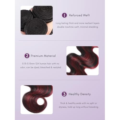 99J Burgundy Highlight Body Wave Single Bundles 24 inch, 12A 100% Virgin Burgundy and Black Colored Human Hair Single Bundles Thick Track Ombre Red 99J Brazilian Quick Wavy Weaves Sew In Remy
