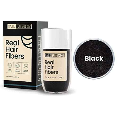 Hair Illusion Black Real Fibers and Holding Spray for Women & Men - Natural Texture, Non-Synthetic Cover Up for Thinning Hair and Bald Spots - 18 Gram