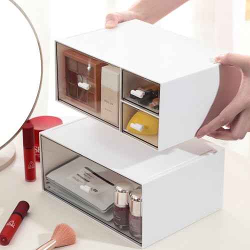 Desk Organizer with 4 Drawers, Makeup Organizer, Desktop Storage Box, Cosmetics Storage Box for nail polish, Lipstick, Brushes, Jewelry, Skincare, Bathroom Organization Boxes(White)