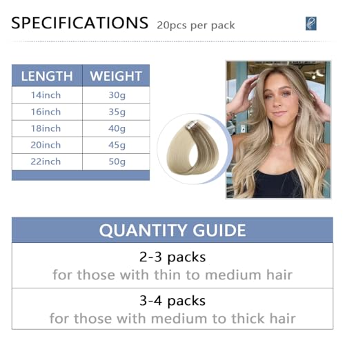 COOKAYU Invisi Edge Tape in Hair Extensions Human Hair, Ash Brown to Platinum Blonde 22Inch 20pcs 50g Straight Remy Seamless Injected Tape in extensions