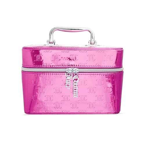 Juicy Couture Hot Pink Makeup Bag Cosmetics Organizer Travel Essentials Train Case Shiny Logo