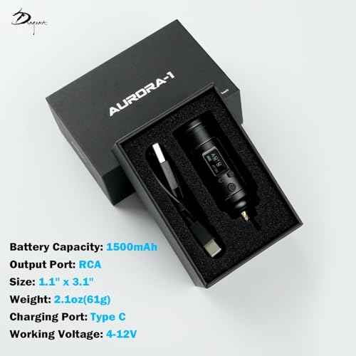 Dragoart Aurora-1 1500mAh Tattoo Battery for Wireless Tattoo Gun 4V-12V, OLED Screen Timer Display Screen Mirroring, Lightweight Tattoo Power Supply for Wireless Tattoo Gun Tattoo Machine, RCA Black