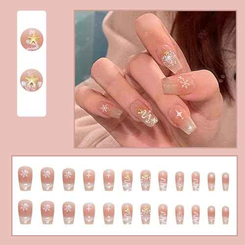 Christmas Press on Nails Medium Coffin Square Fake Nails with Gold Metal Star Pearl Rhinestones Designs Xmas Tree Snowflake False Nails White Glitter French Tips Acrylic Stick on Nails for Women 24Pcs