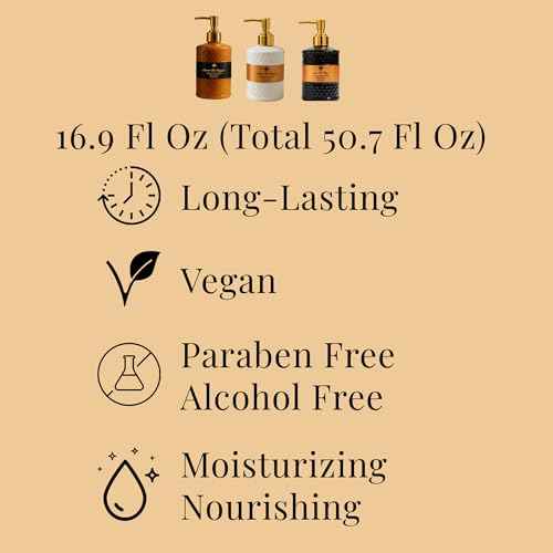 Luxury Pack of 3 Liquid Hand Soap, Jasmine/Musk Vanilla/Vanilla Orange Bathroom Soap Hand Wash Refillable Bottle Gift 50.7 Fl Oz