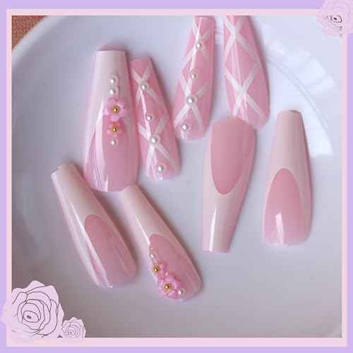 Pink Press On Nails with Nail Charms, press on nails medium for Girls, nail press ons for Women, square press on nails for her, press on nails kit Gel Like, Valentine's Day Gift,Pearl-24pcs