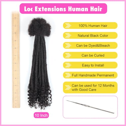 10 inch Loc Extensions Human Hair with Curly Ends, 0.4cm Width Permanent Dreadlock Extension Human Hair 50 Strands Natural Black 100% Full Handmade Dreads .Dyed and Bleached Pre Curled Drealocks