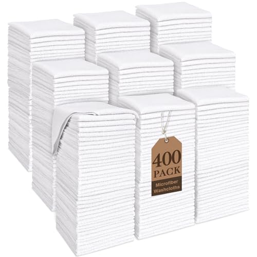 White Washcloths Bulk 400 Pack, Highly Absorbent & Quick Drying Face Towels, Premium Quality Soft Bath Towels, Multipurpose Microfiber Wash Cloths, 12x12 inches