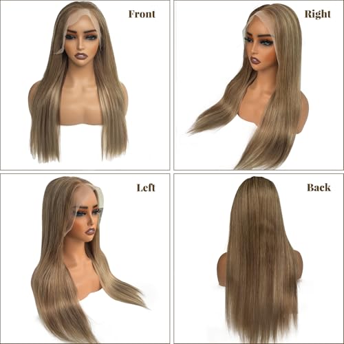 Highlight Lace Front Wigs Human Hair Ombre 13x6 Straight HD Lace Front Wig Light Brown to Brown with Ash Blonde Glueless Lace Frontal Wig for Women 180% Density Pre Plucked with Baby Hair 16 Inch