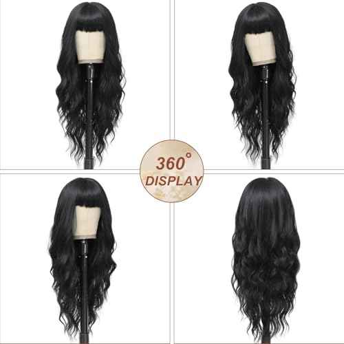 Black Wig with Bangs for Women Long Black Wavy Wigs 26 Inch Natural Black Wigs Natural Looking Heat Resistant Synthetic Wig for Daily Party Use